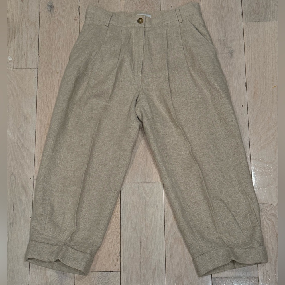 Steven Alan Light Beige Pleated Linen Cropped Trousers